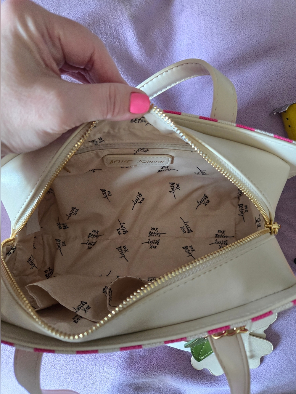 Betsey Johnson Pink and Cream Striped Purse with Floral Charm NWT - Picture 8 of 8